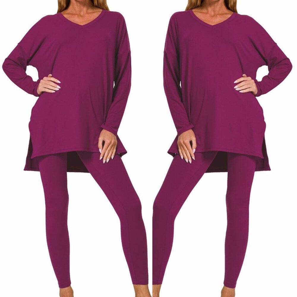 V‑Neck Long‑Sleeve Loungewear Leggings Set – Buttery Soft Brushed DTY Microfiber